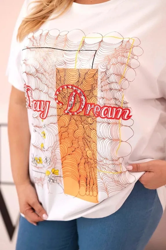 Women's white T-shirt with orange detail Day dream