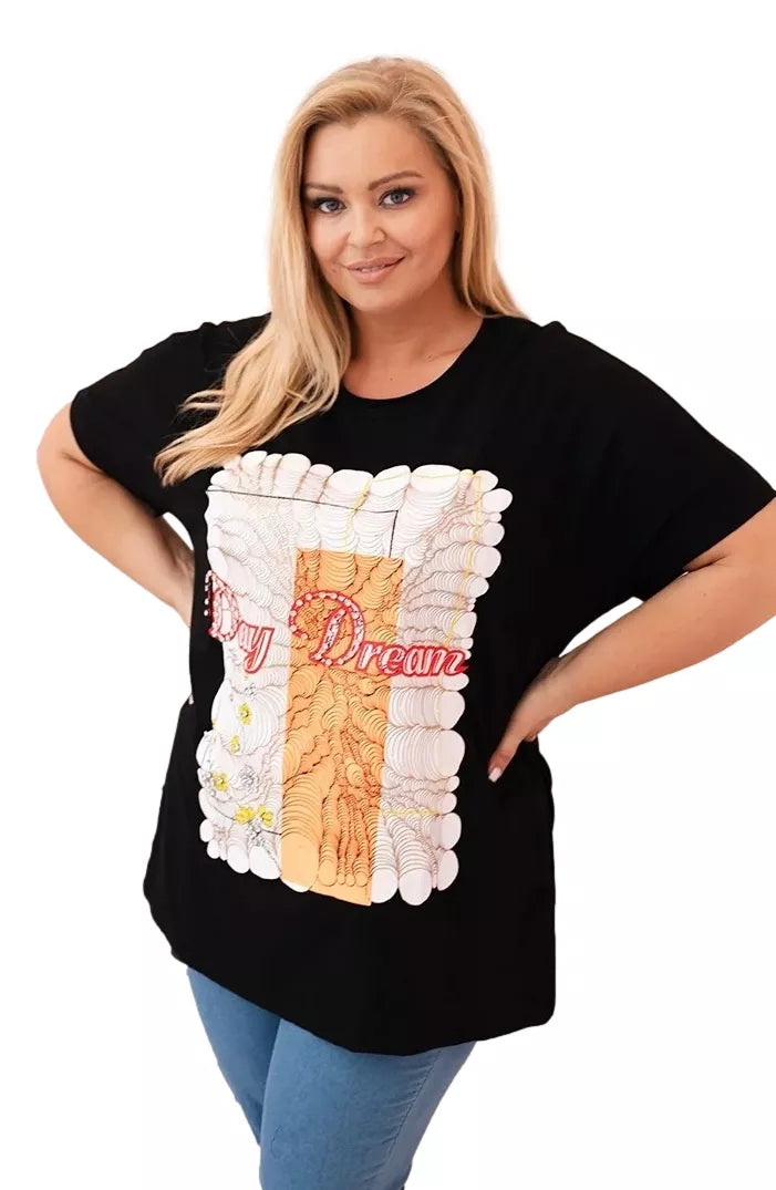 Women's black T-shirt with orange detail Day dream