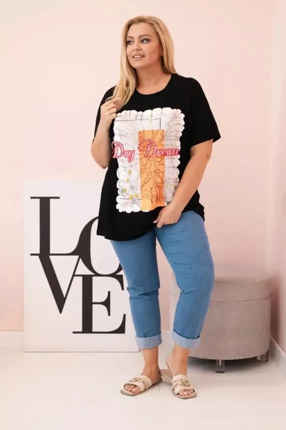Women's black T-shirt with orange detail Day dream