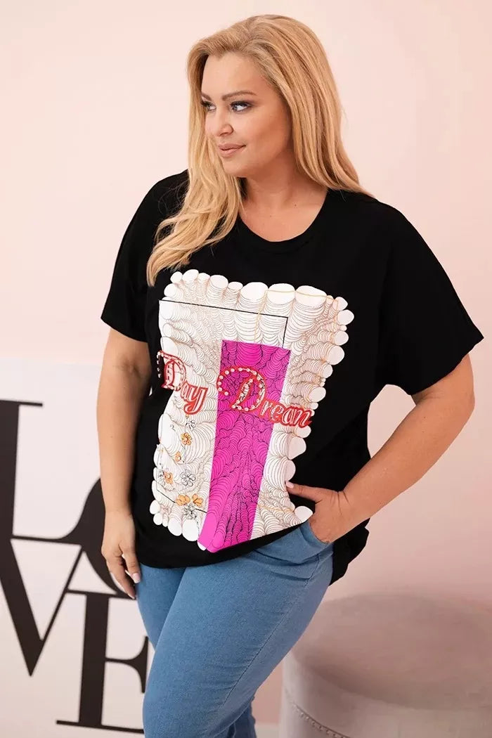 Women's black T-shirt with pink detail Day dream