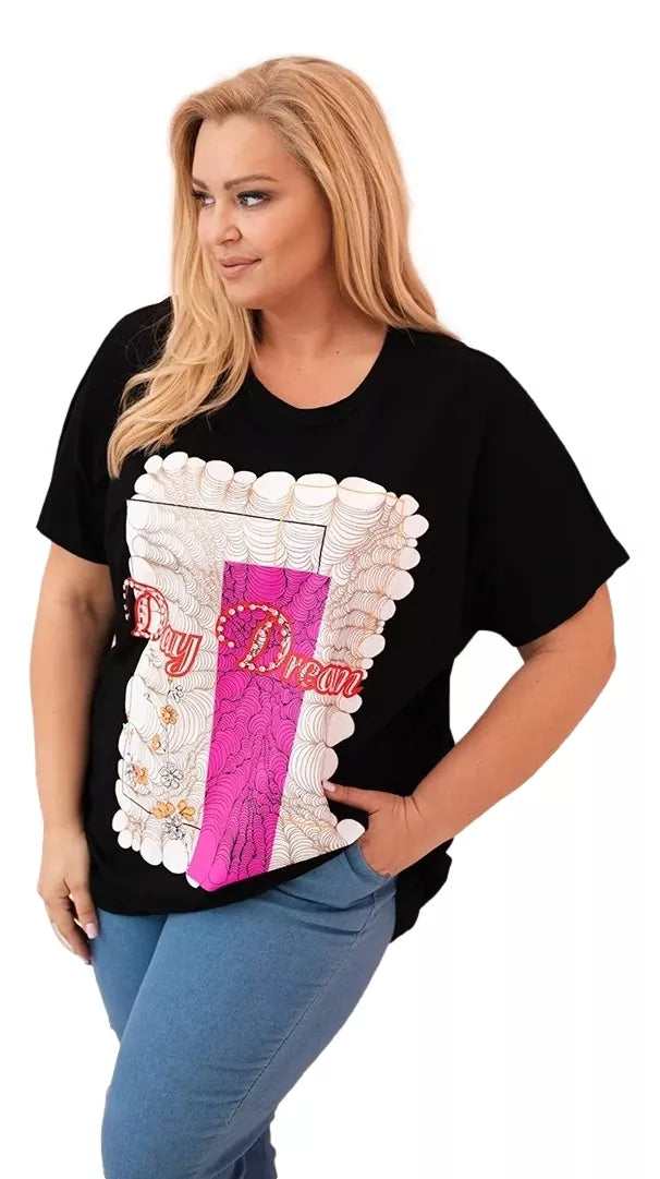 Women's black T-shirt with pink detail Day dream