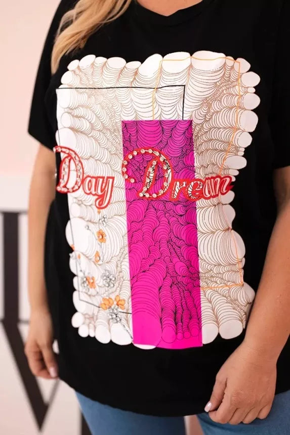 Women's black T-shirt with pink detail Day dream