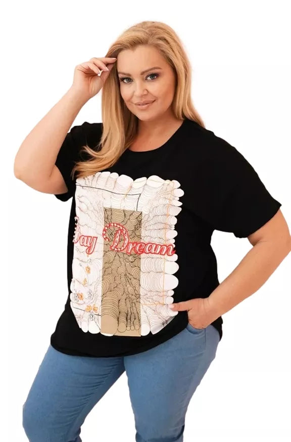 Women's black T-shirt with brown detail Day dream