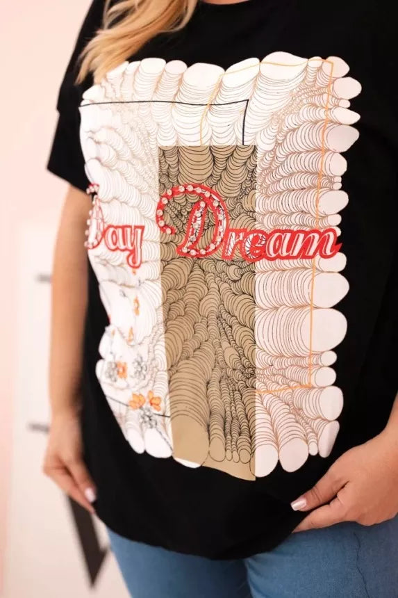 Women's black T-shirt with brown detail Day dream