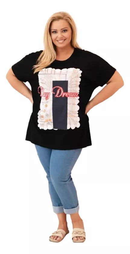 Women's black T-shirt with dark blue detail Day dream