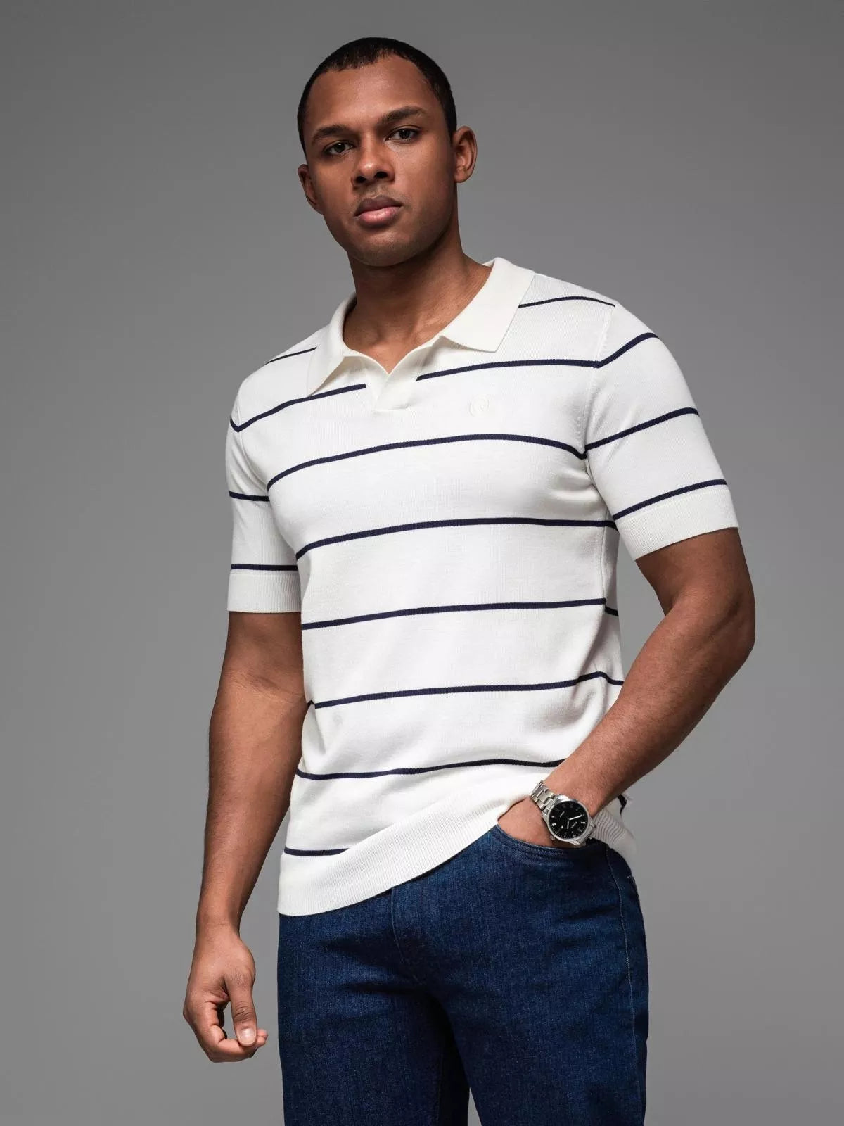 Men's striped white with blue stripes polo shirt Ton