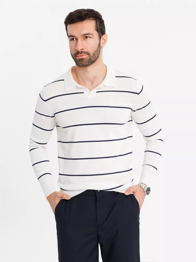 Men's long-sleeved polo shirt in white with blue lines Don