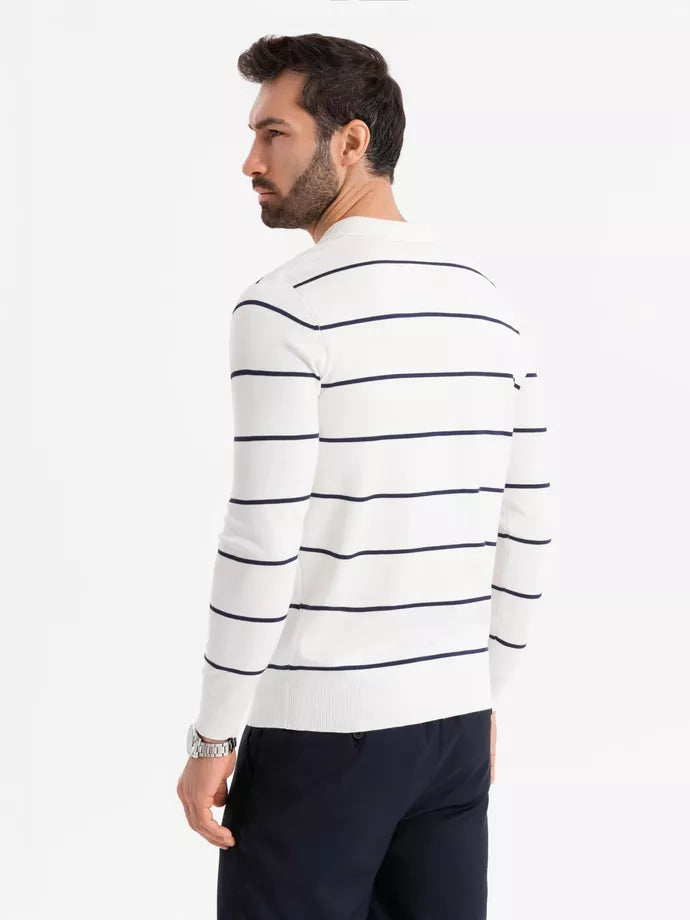 Men's long-sleeved polo shirt in white with blue lines Don