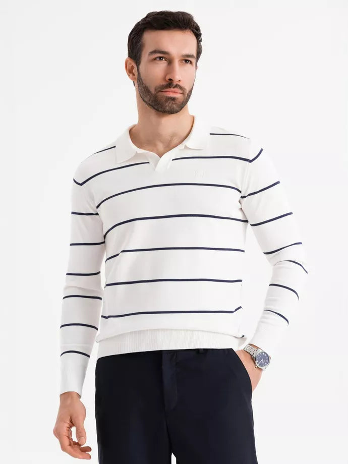 Men's long-sleeved polo shirt in white with blue lines Don