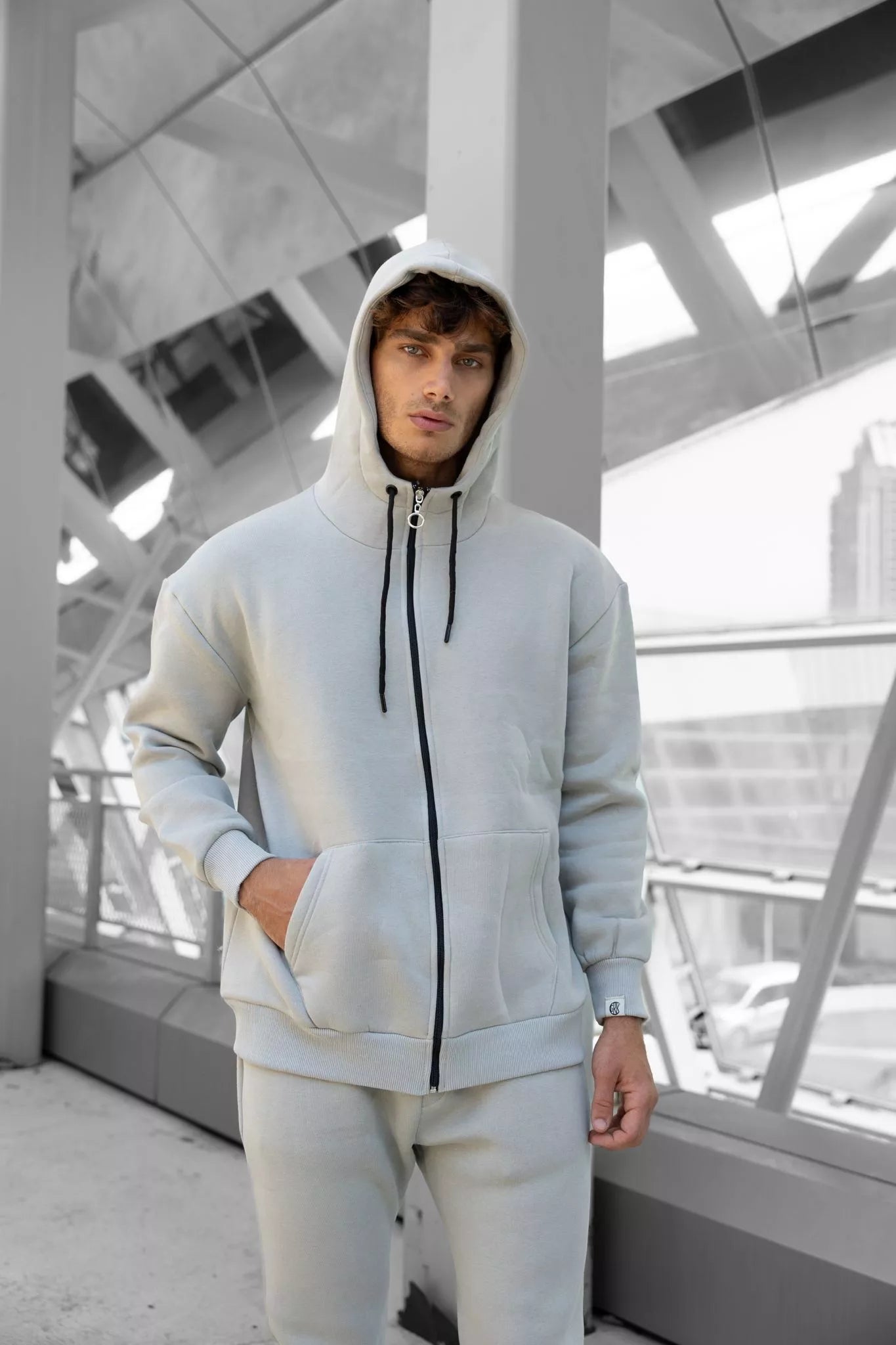 Light grey men's hooded tracksuit Zipos