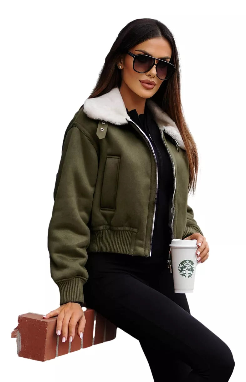 Khaki jacket with white fur Edit