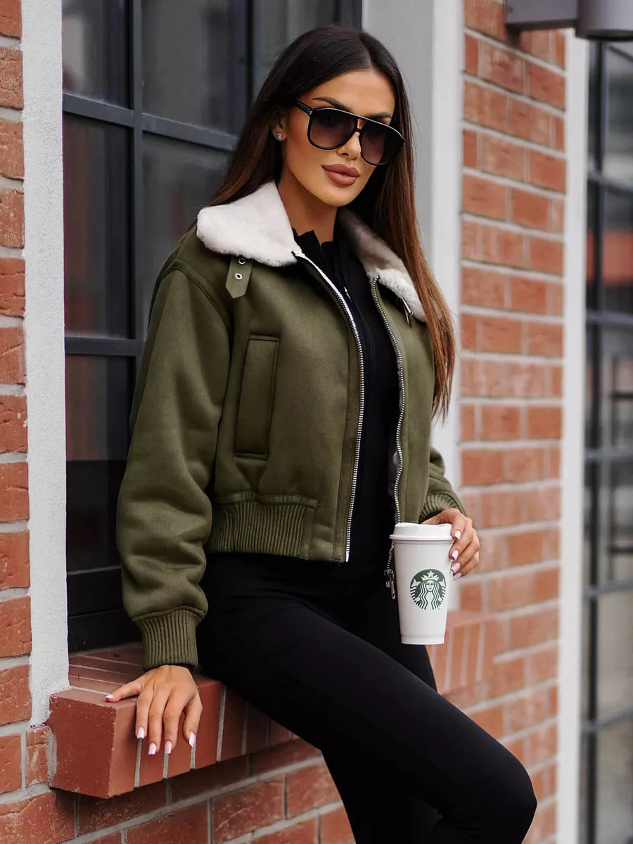 Khaki jacket with white fur Edit