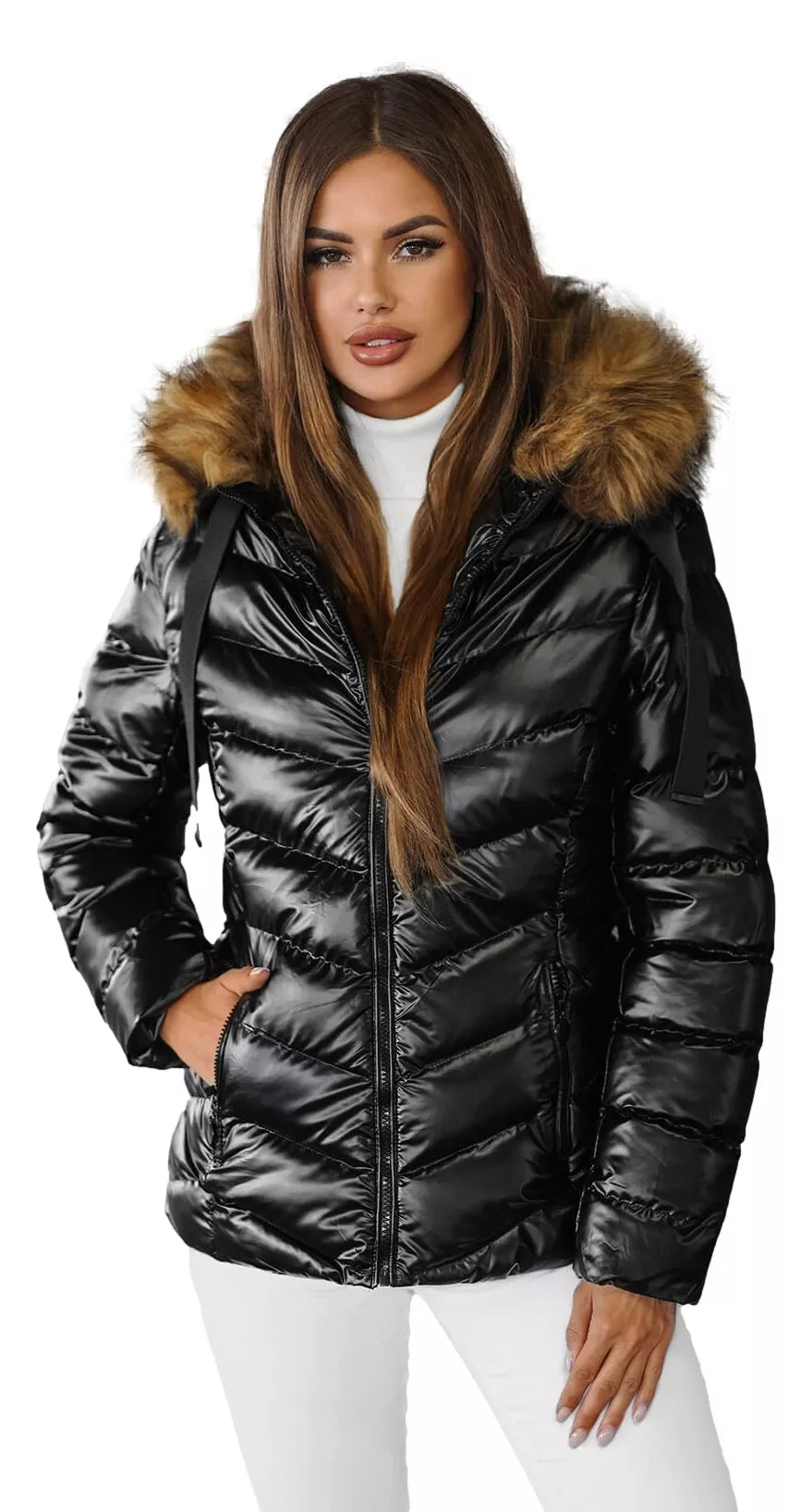 Black shiny women's jacket with brown fur Alexa