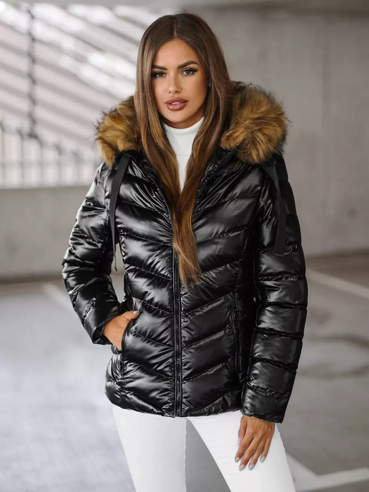 Black shiny women's jacket with brown fur Alexa