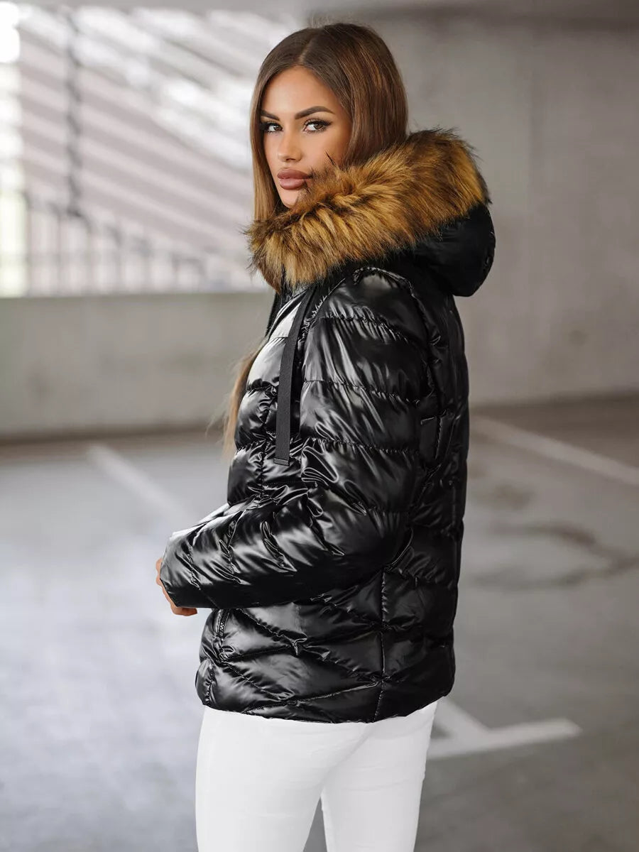 Black shiny women's jacket with brown fur Alexa
