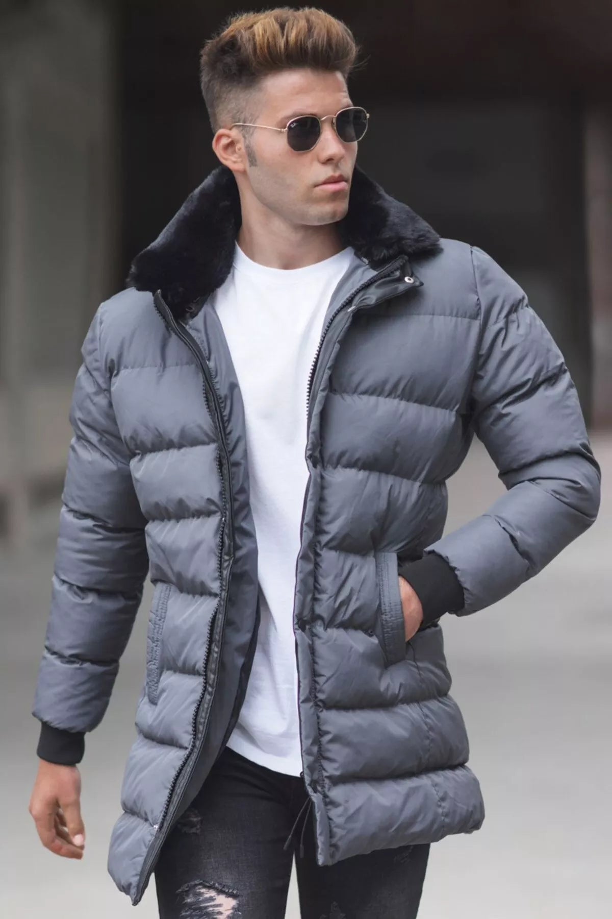Men's gray jacket with fur Ozam