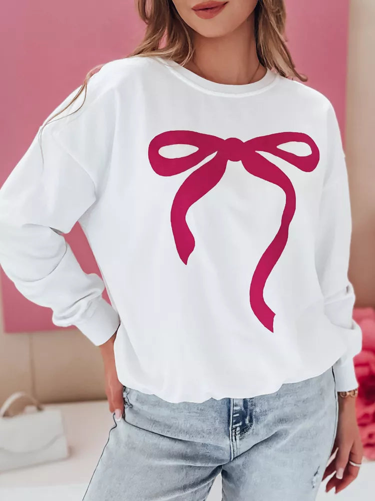 Women's white sweater with dark pink ribbon Cute