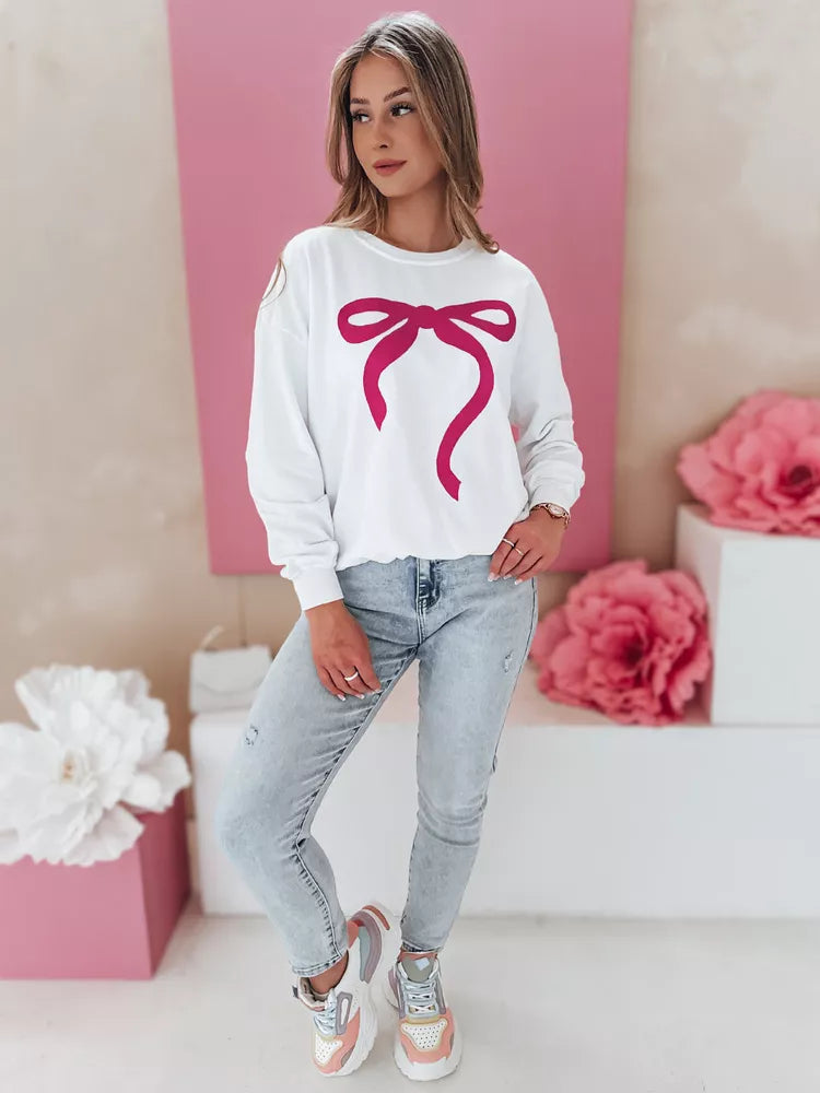 Women's white sweater with dark pink ribbon Cute