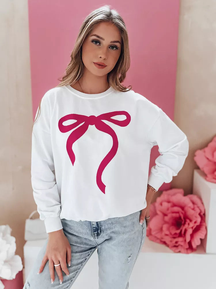 Women's white sweater with dark pink ribbon Cute