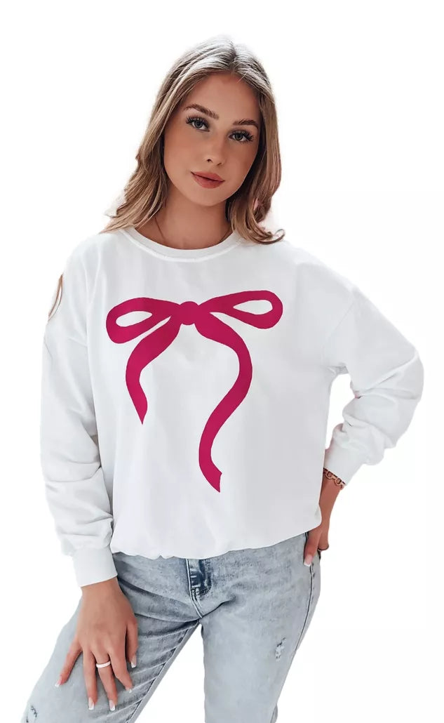 Women's white sweater with dark pink ribbon Cute