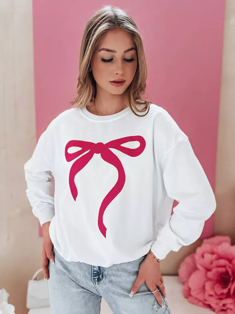 Women's white sweater with dark pink ribbon Cute