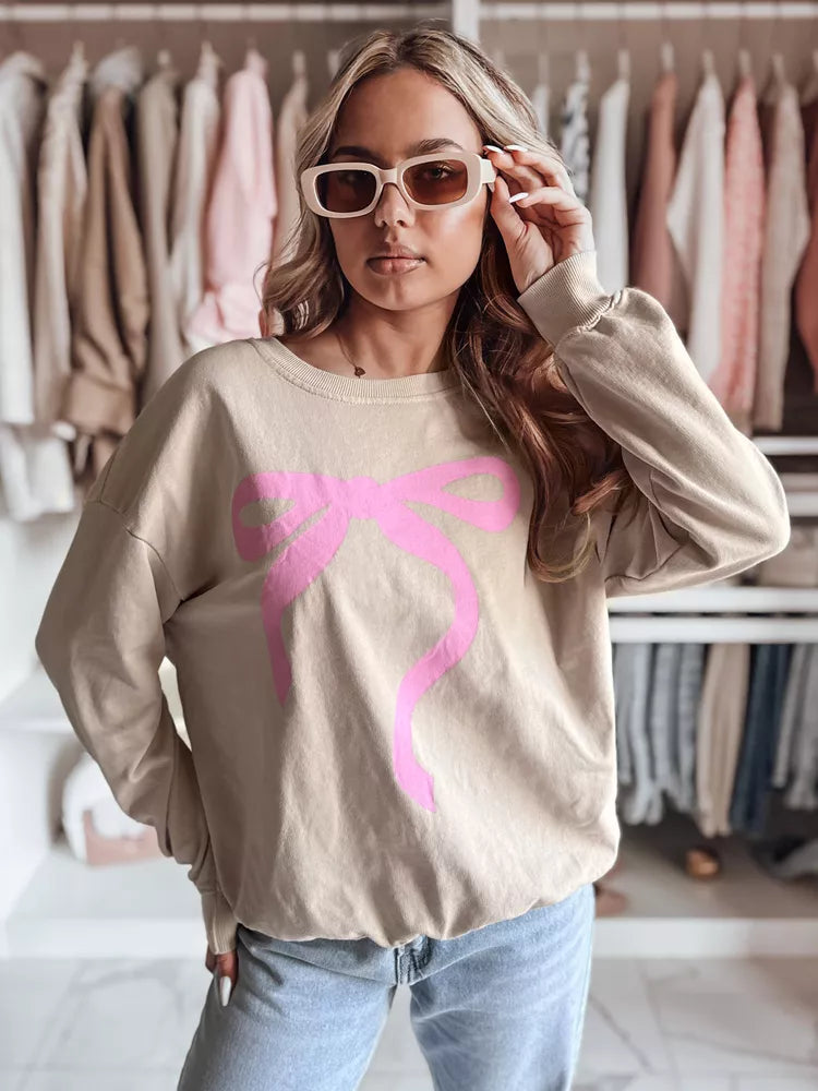 Women's brown sweater with pink ribbon Cute