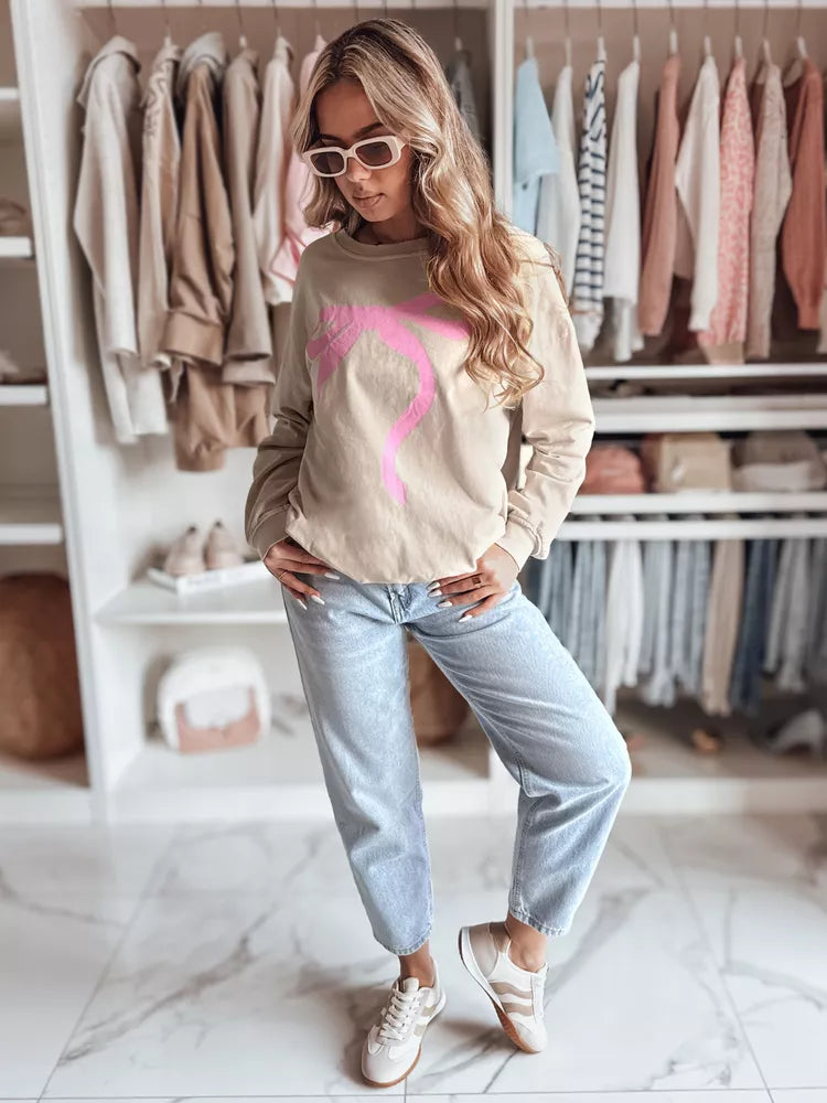 Women's brown sweater with pink ribbon Cute