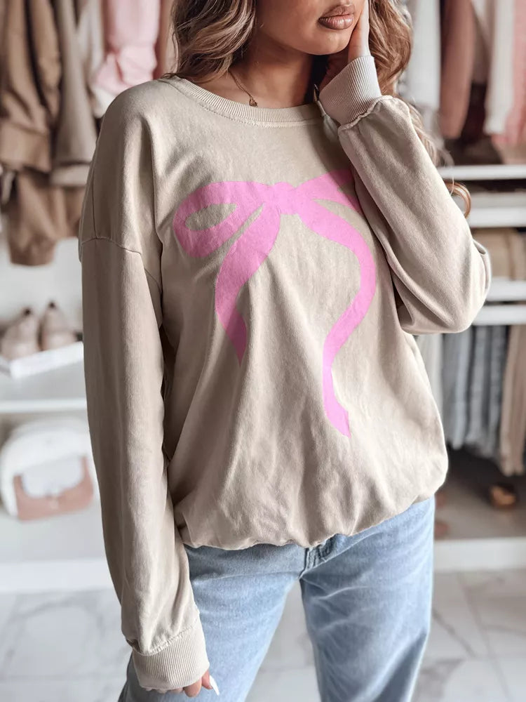 Women's brown sweater with pink ribbon Cute