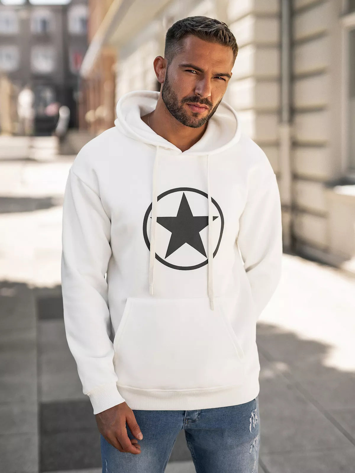Men's white sweatshirt with a hood Militry