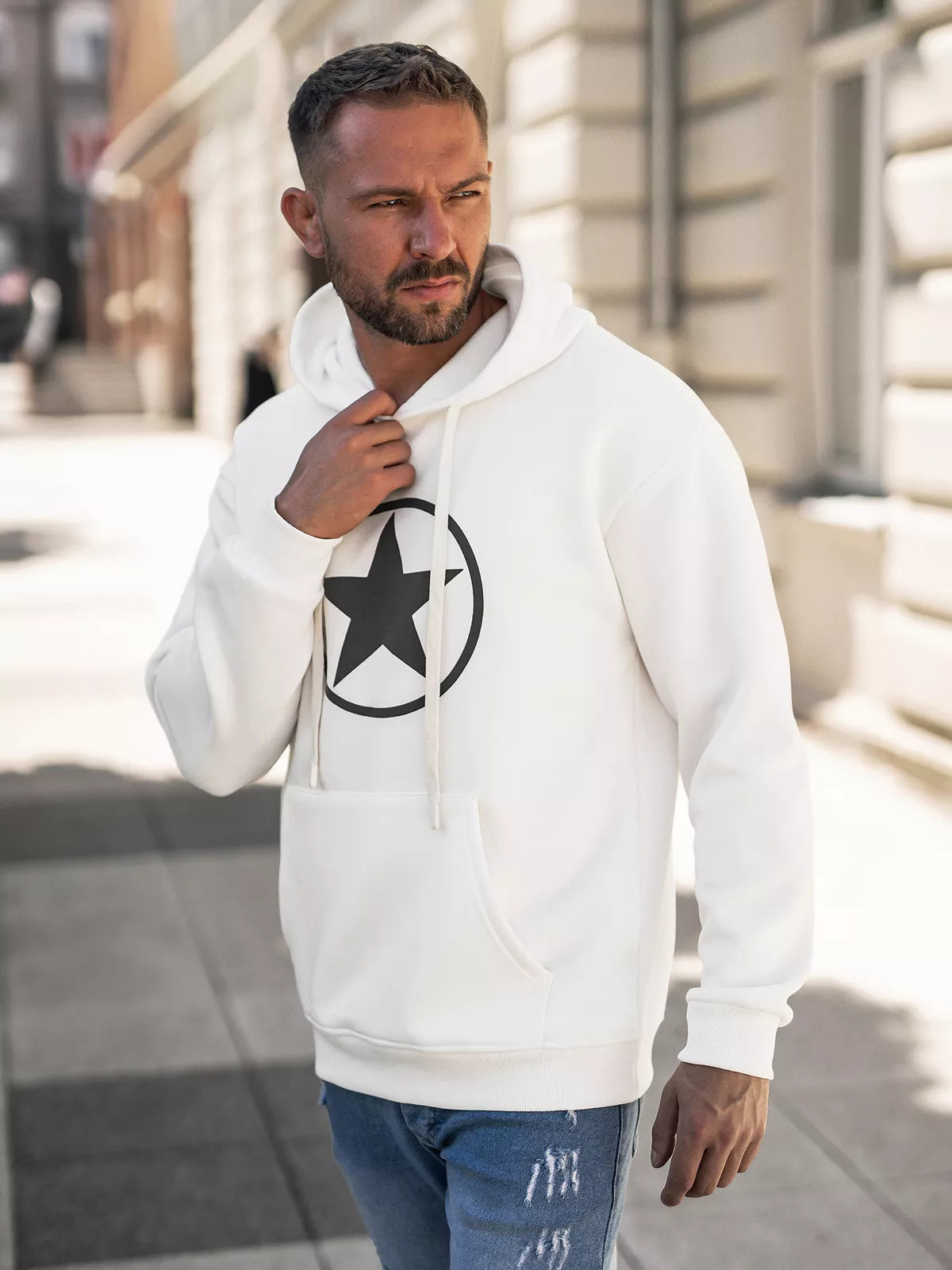 Men's white sweatshirt with a hood Militry