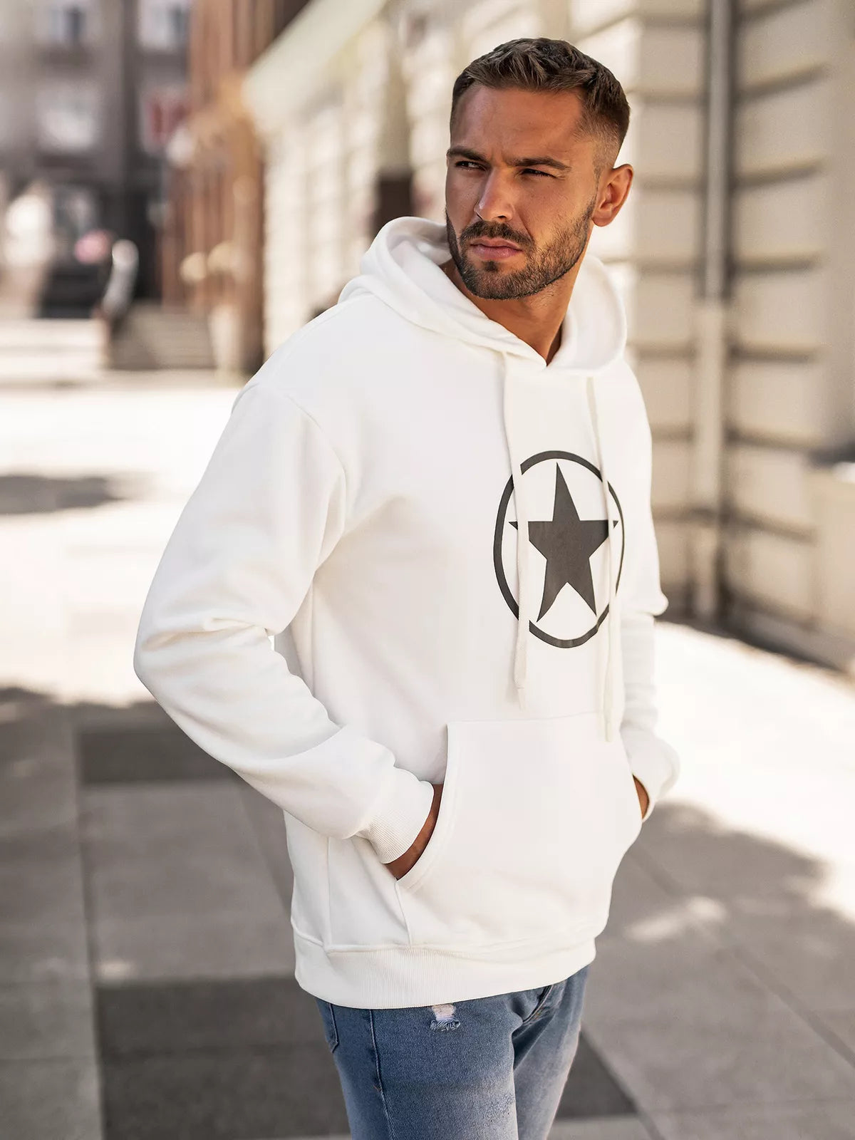 Men's white sweatshirt with a hood Militry