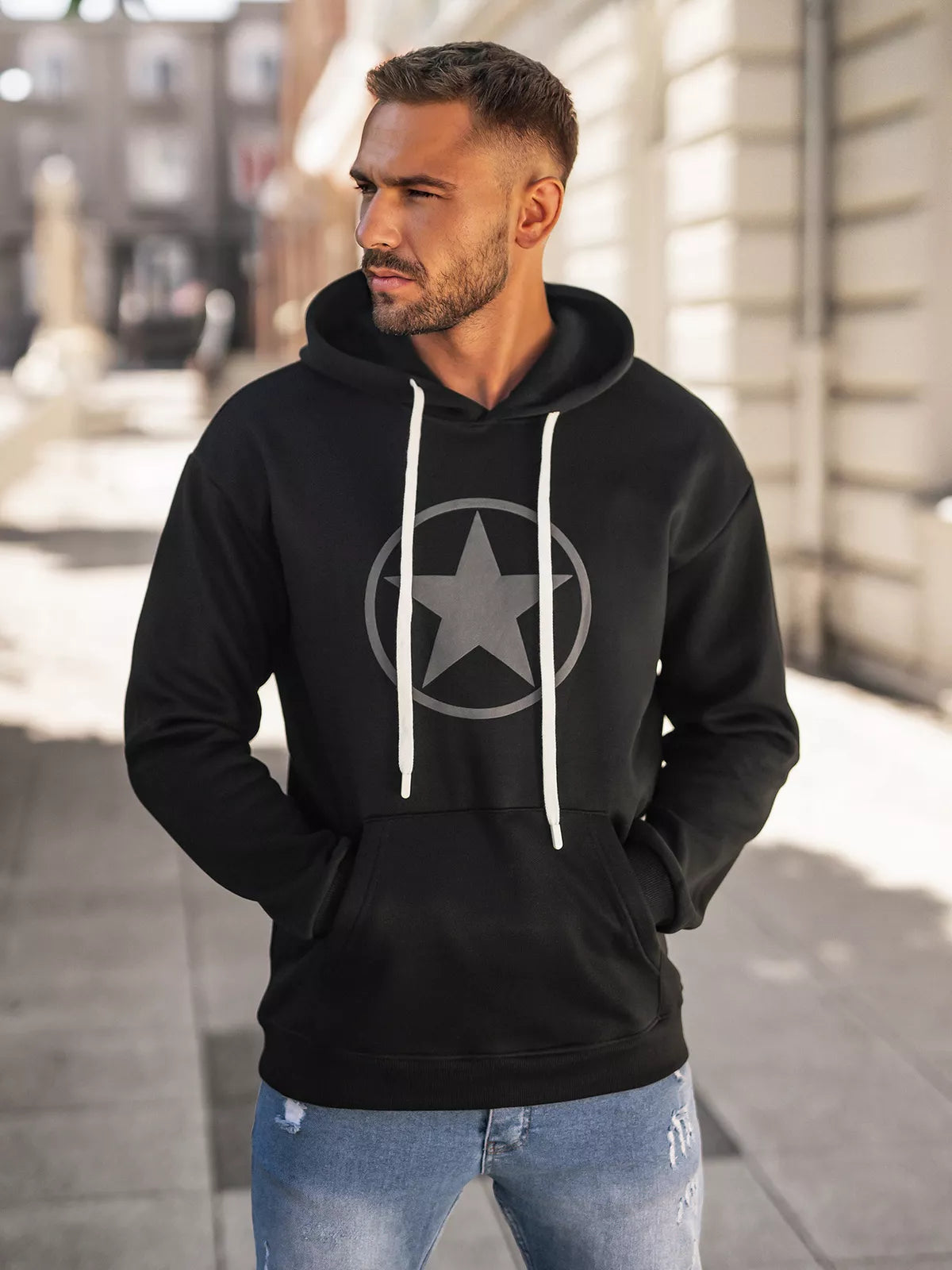 Men's black sweatshirt with a hood Militry