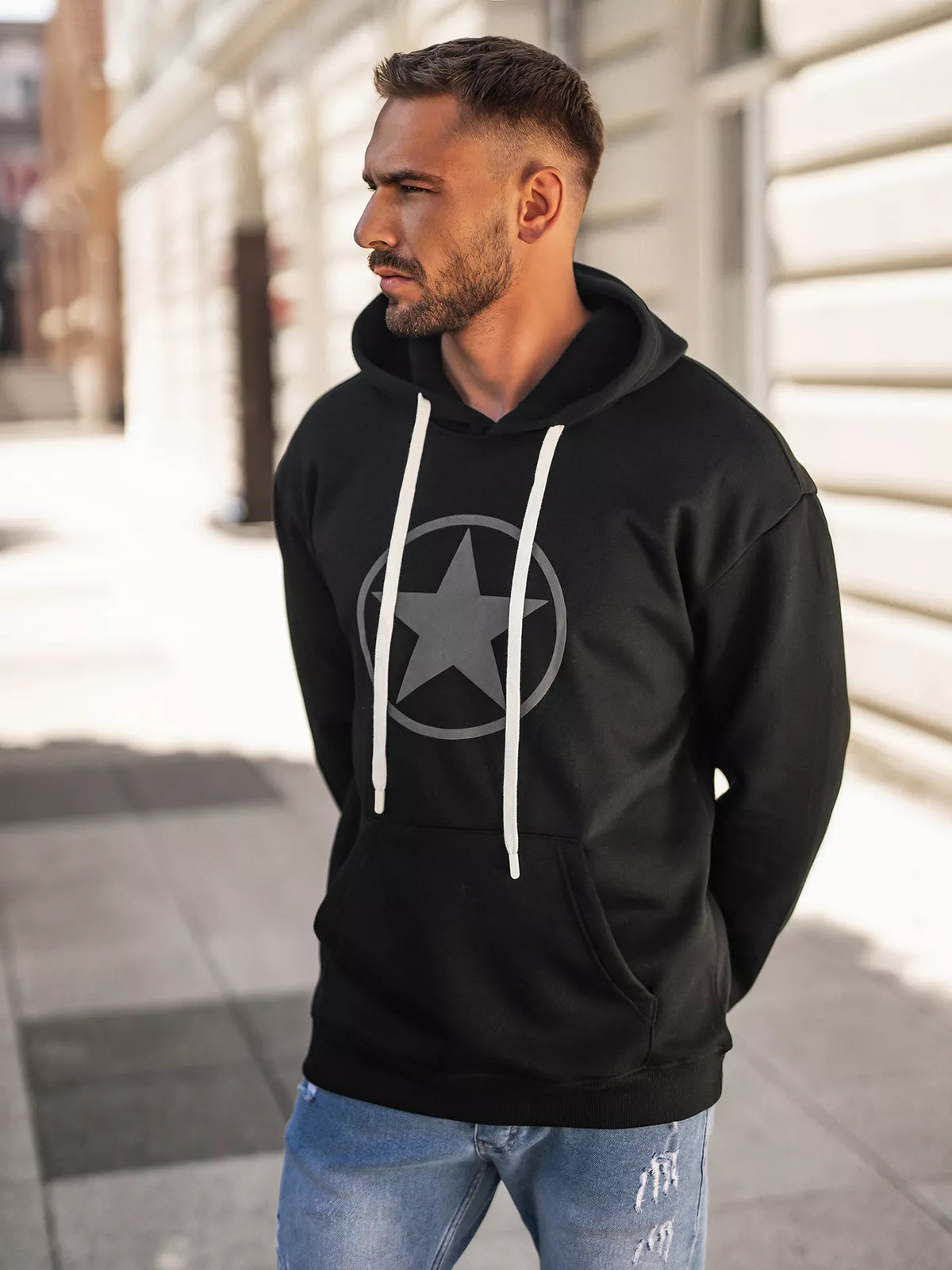 Men's black sweatshirt with a hood Militry
