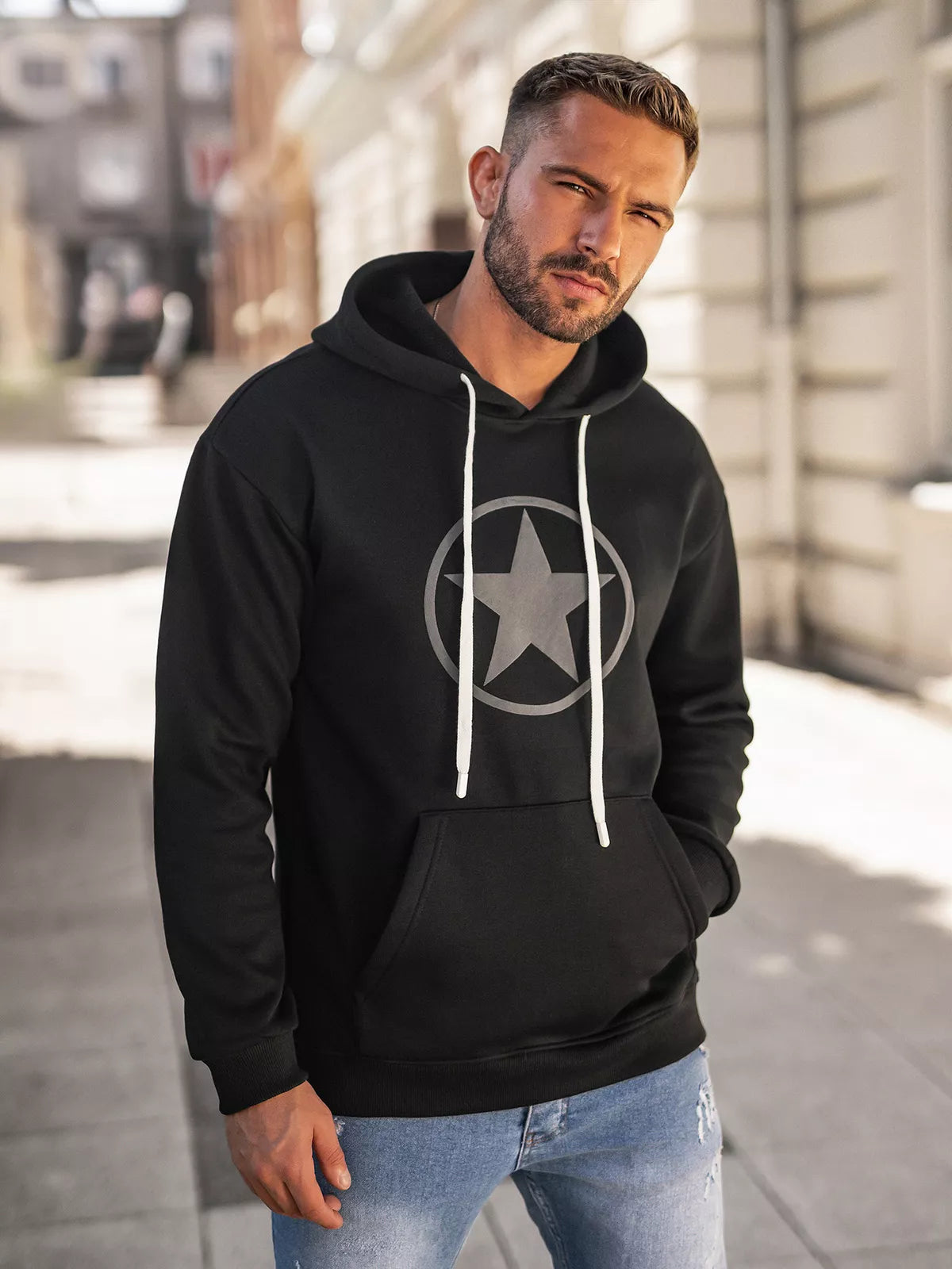 Men's black sweatshirt with a hood Militry