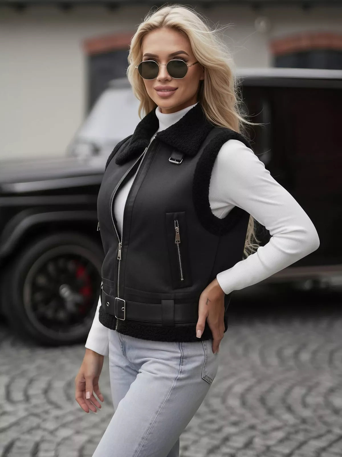 Women's black leather vest Pixel