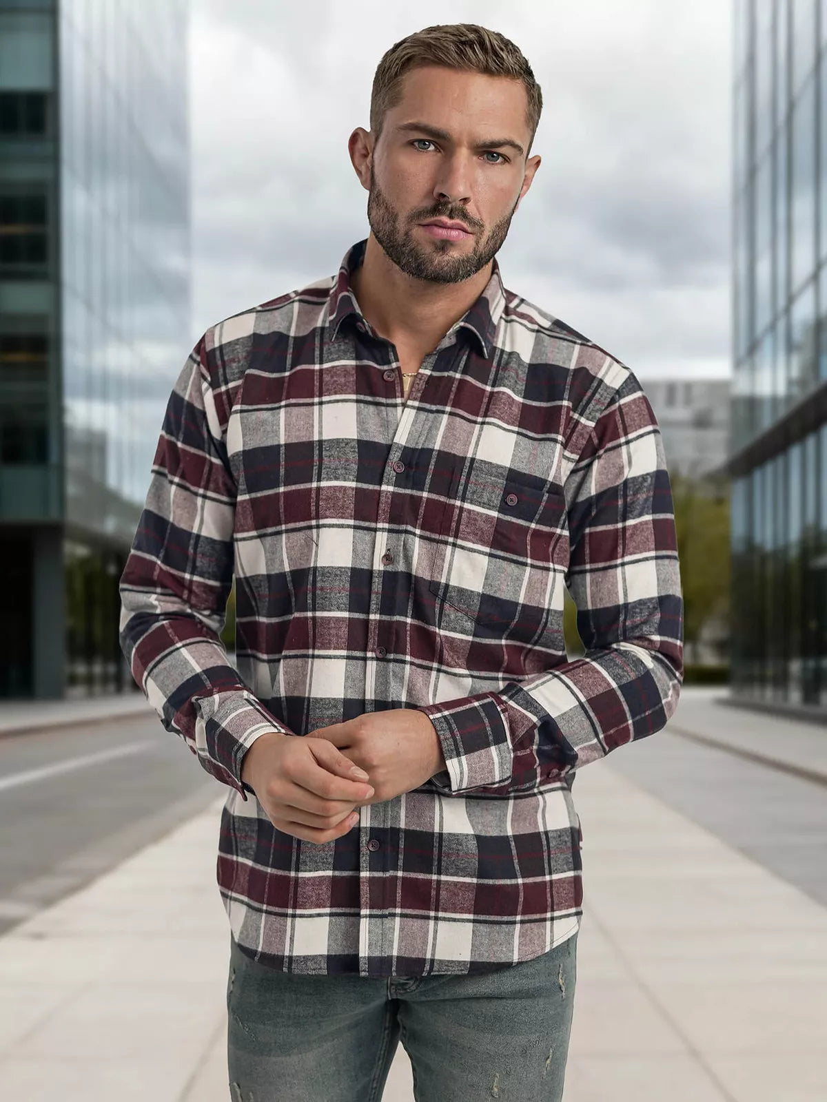Men's burgundy checked shirt Marino
