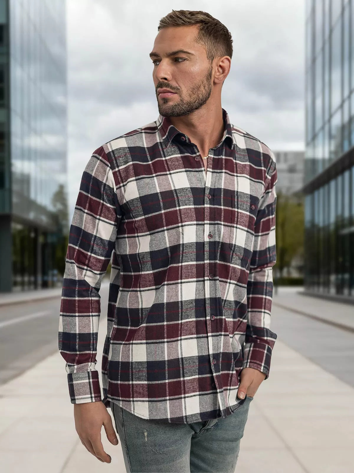 Men's burgundy checked shirt Marino