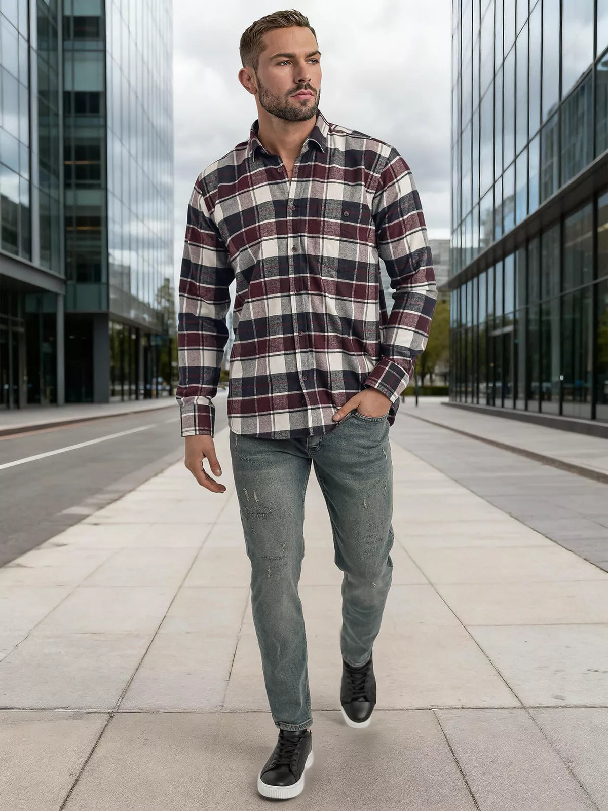 Men's burgundy checked shirt Marino