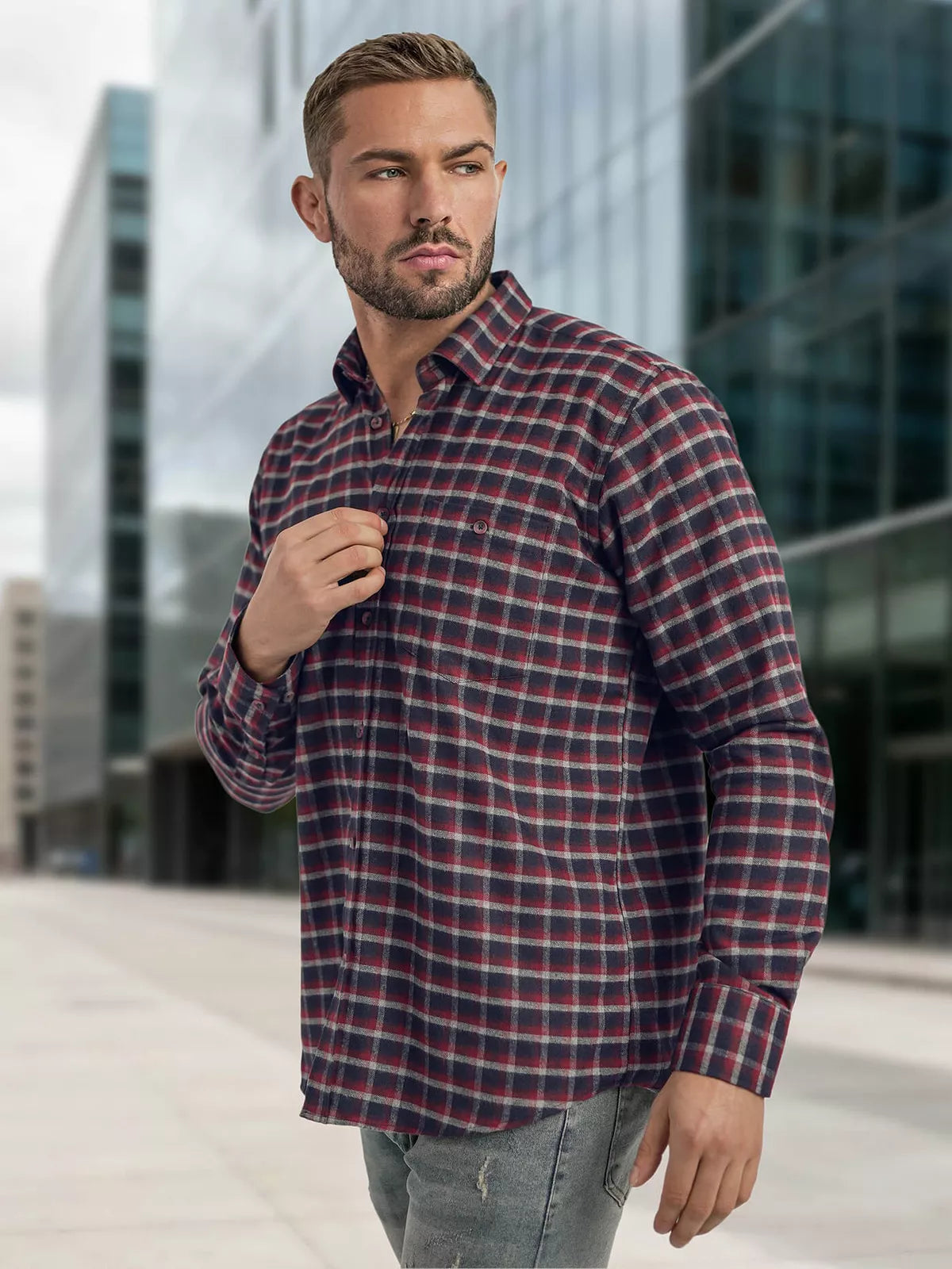 Men's navy blue-burgundy checked shirt Marino
