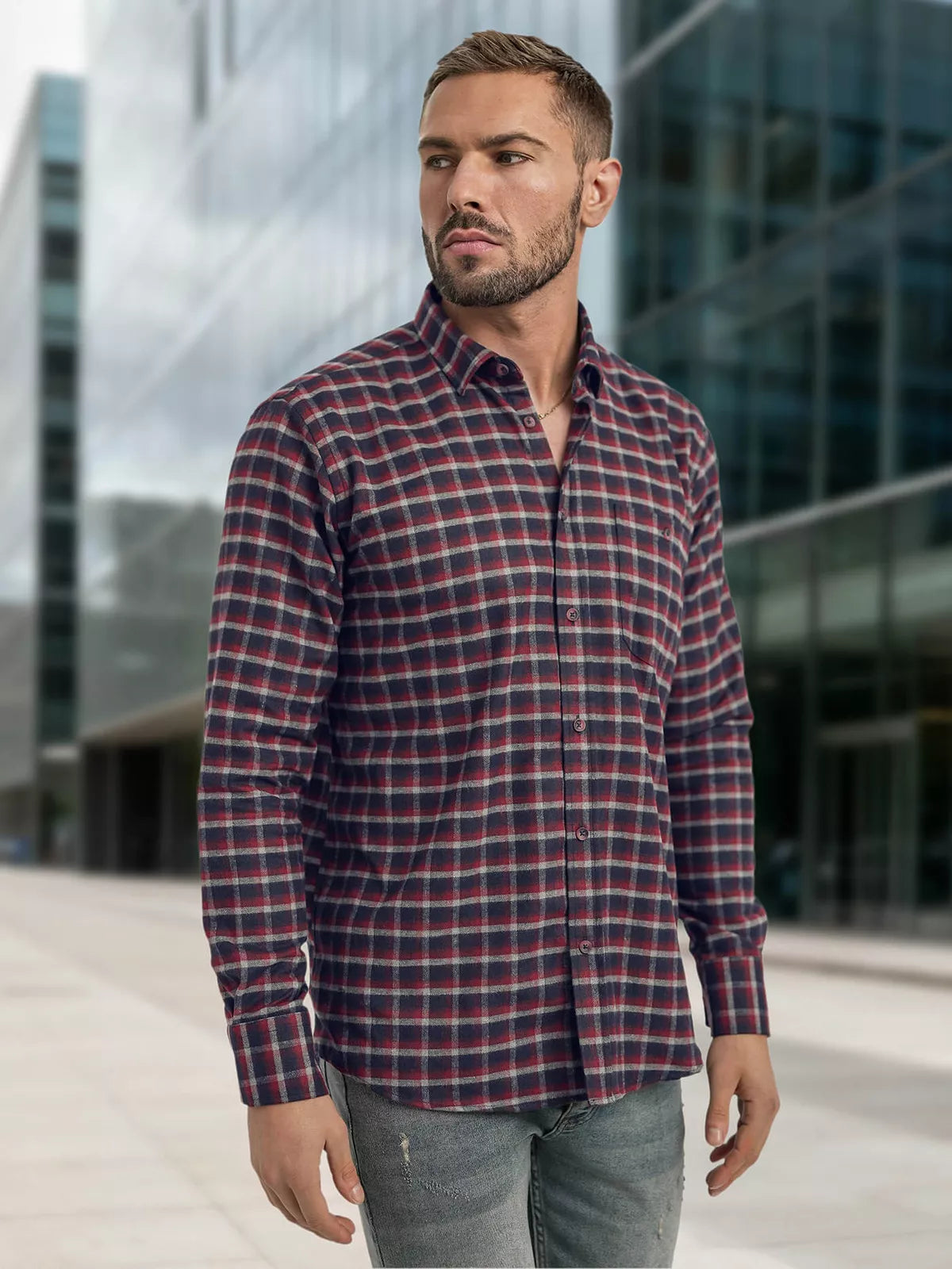 Men's navy blue-burgundy checked shirt Marino