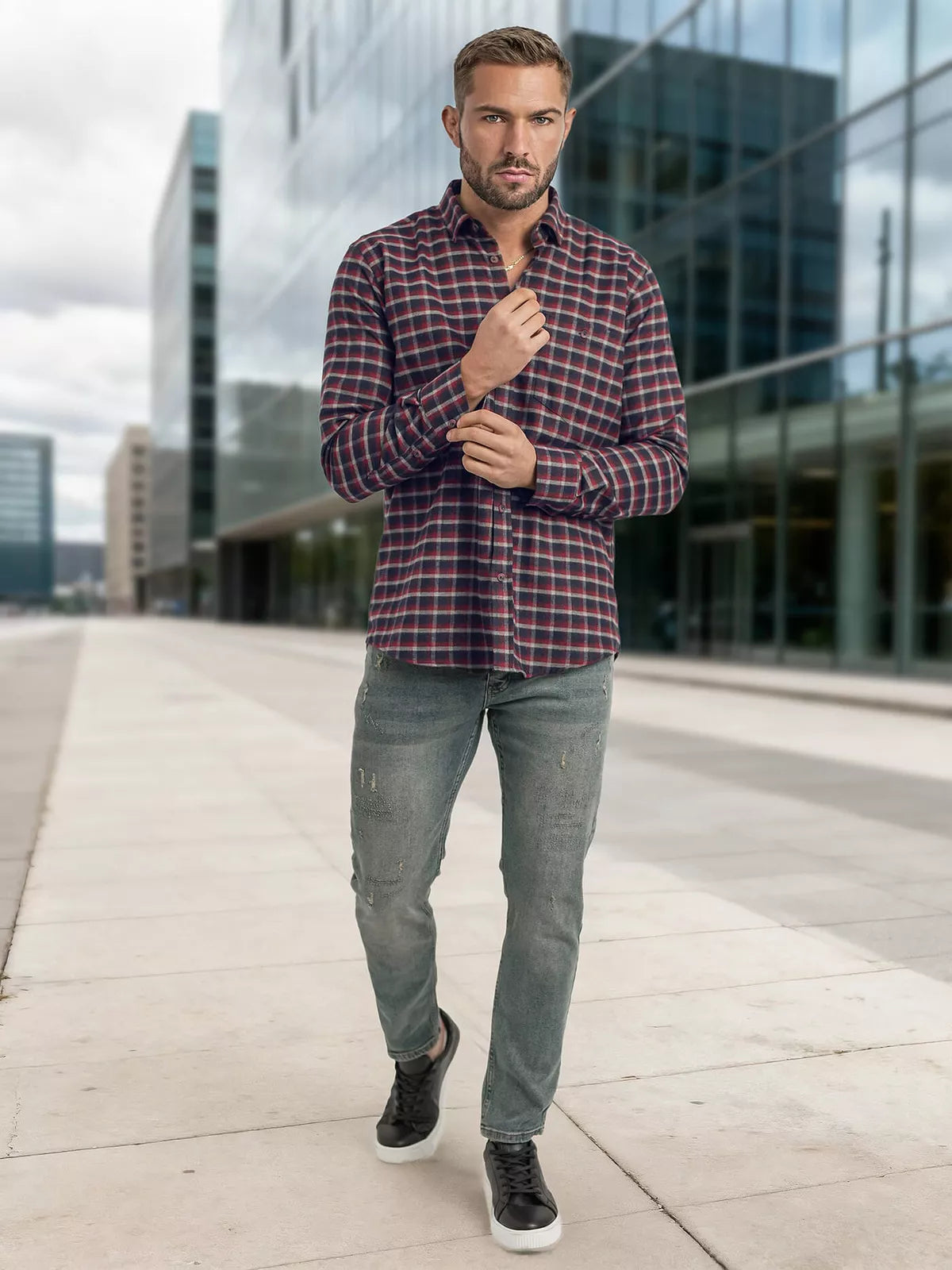 Men's navy blue-burgundy checked shirt Marino