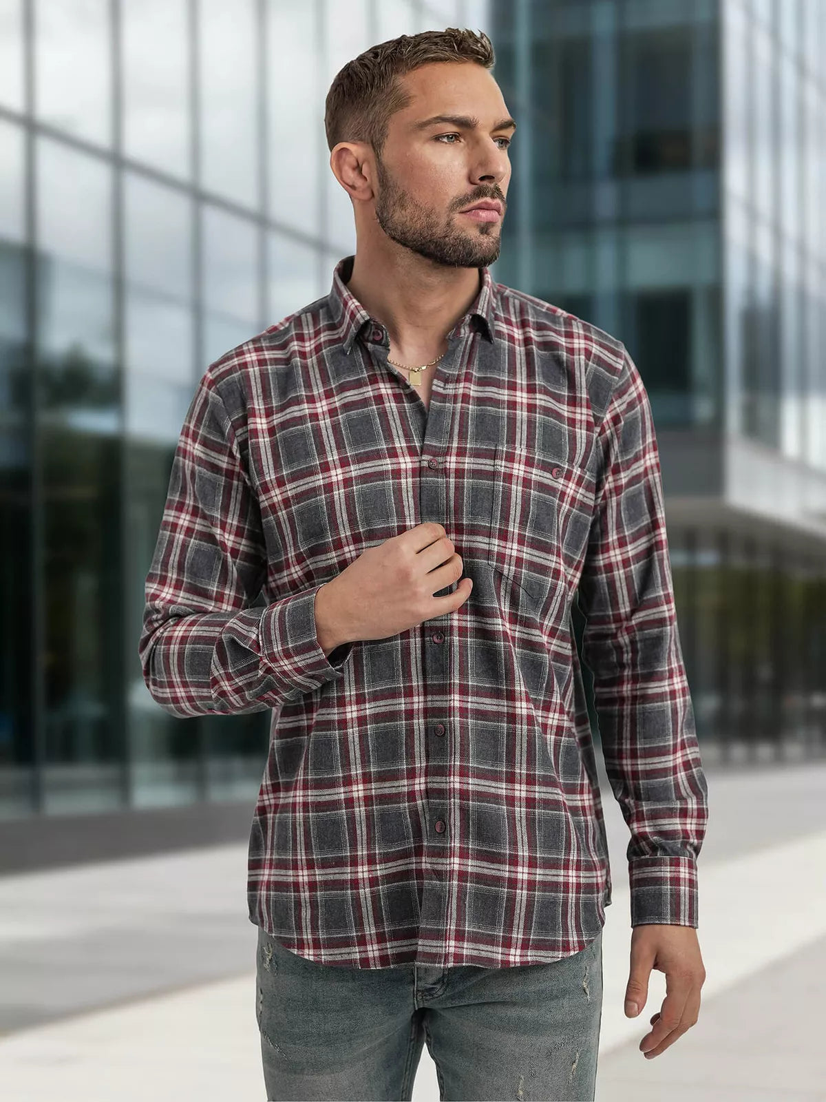Men's burgundy-gray checkered shirt Marino