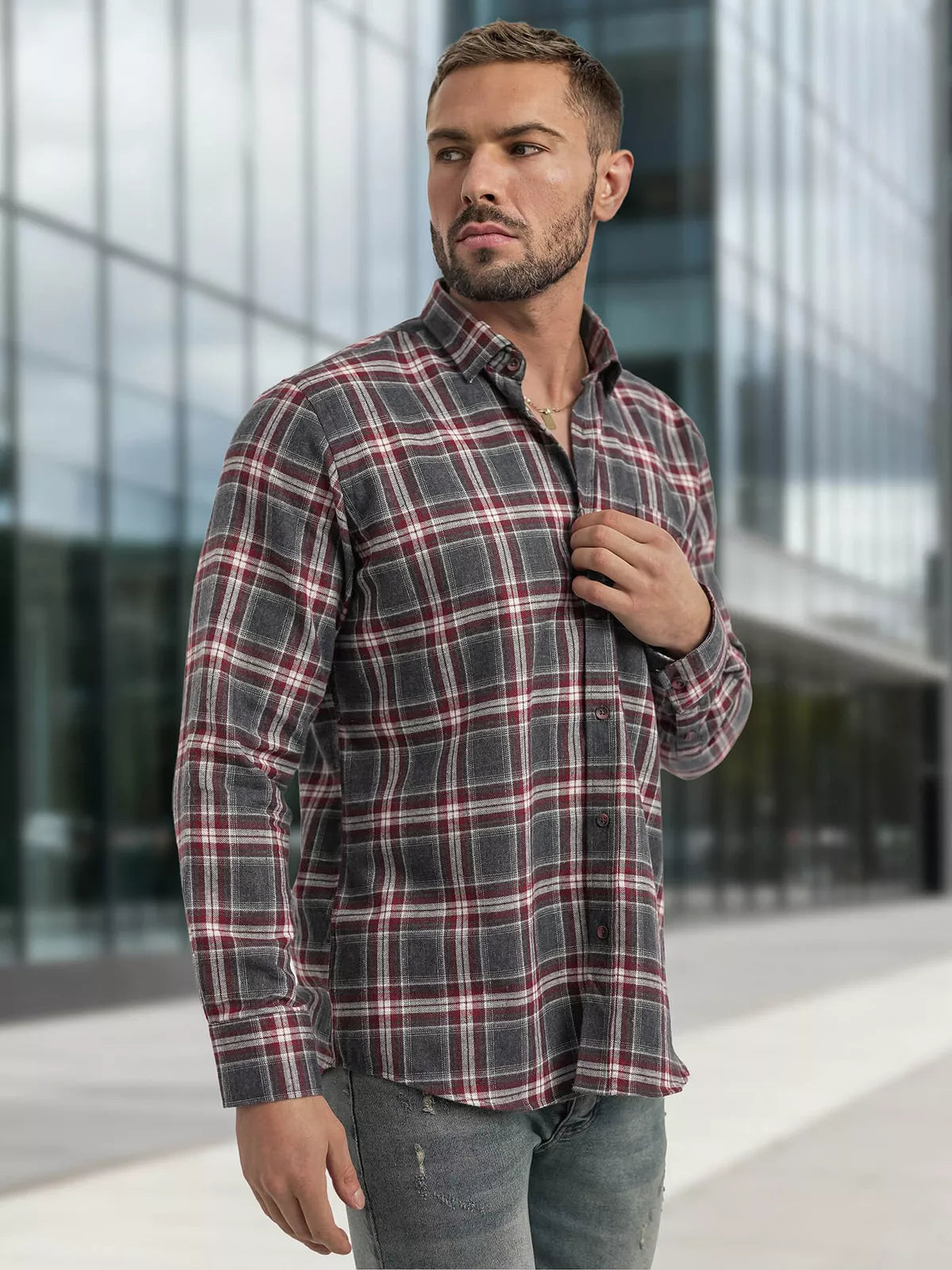 Men's burgundy-gray checkered shirt Marino