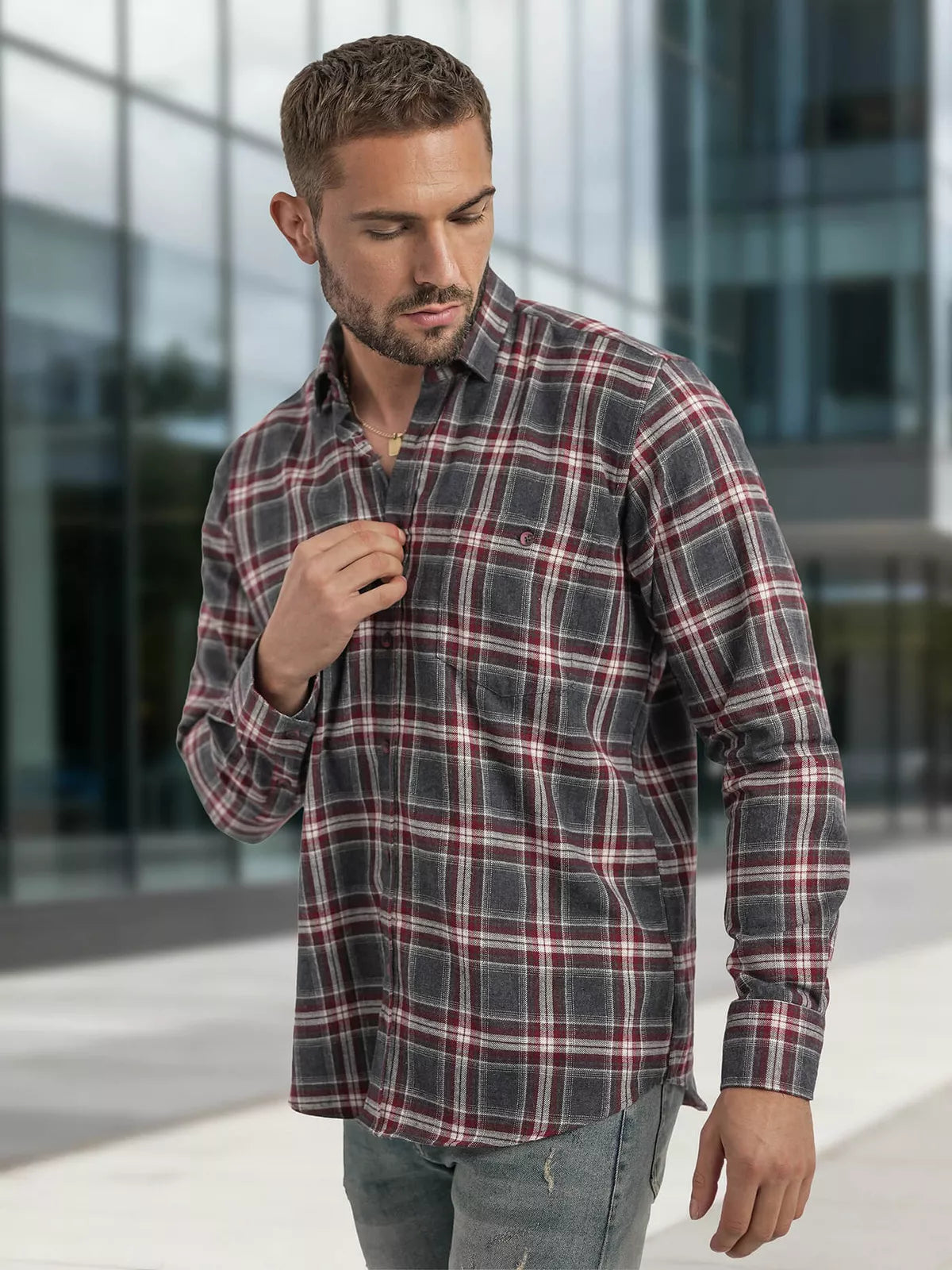 Men's burgundy-gray checkered shirt Marino
