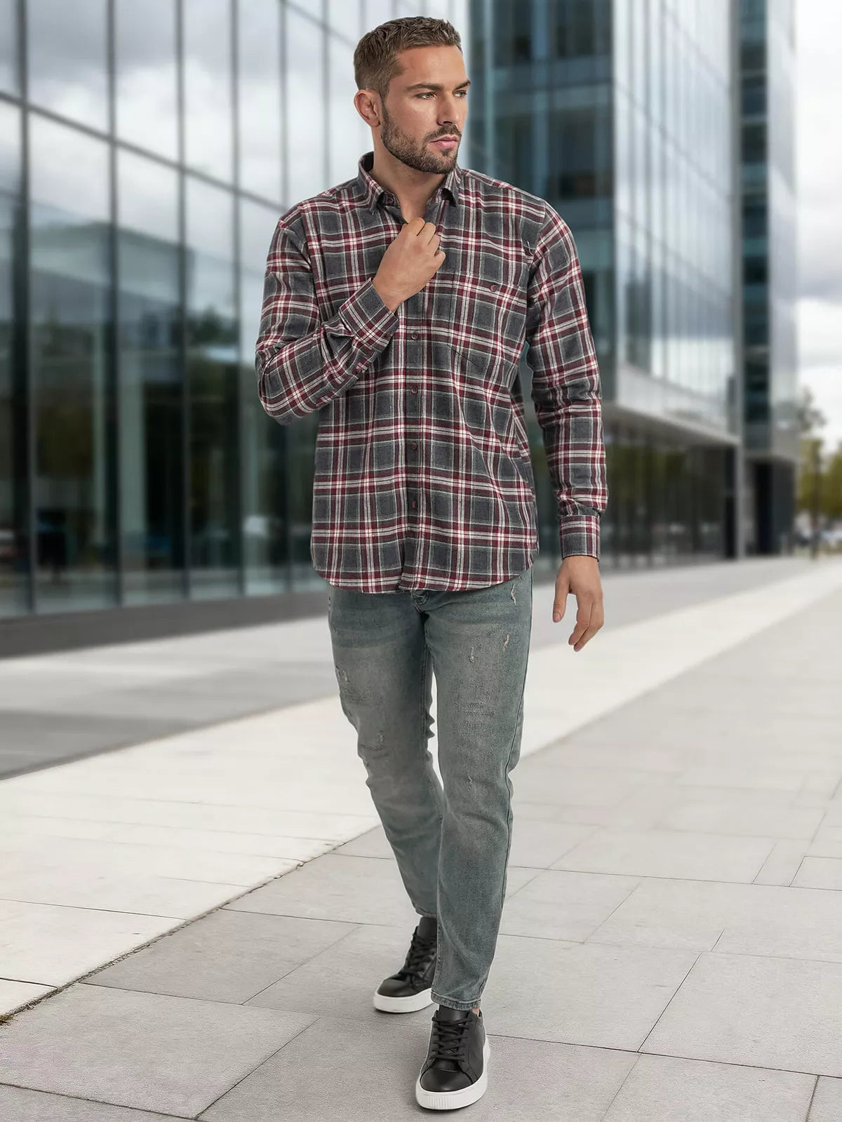 Men's burgundy-gray checkered shirt Marino