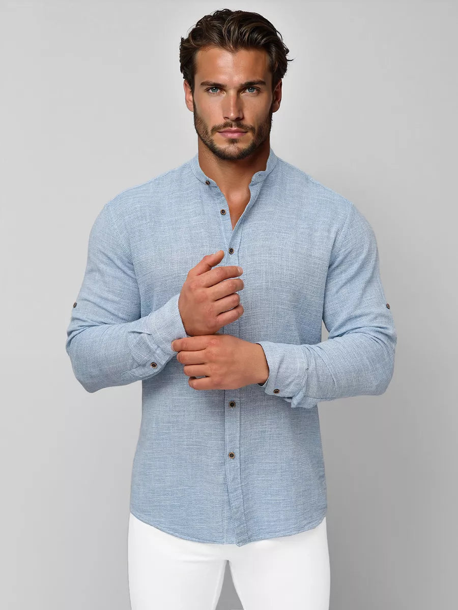 Men's blue shirt with a stand-up collar Party