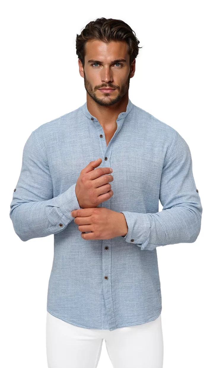 Men's blue shirt with a stand-up collar Party