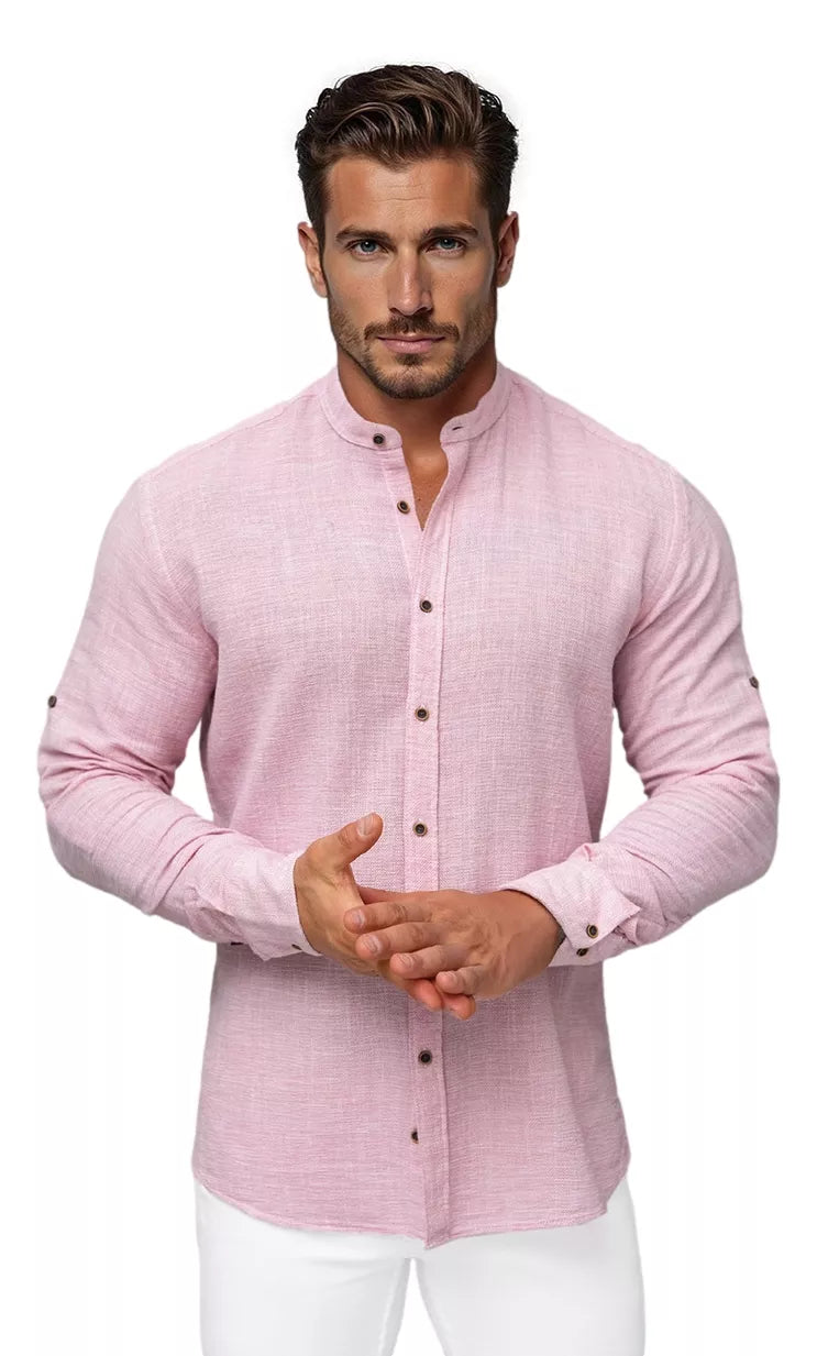 Men's pink shirt with a stand-up collar Party