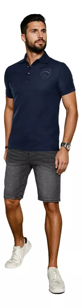 Men's navy blue polo shirt with Emb logo