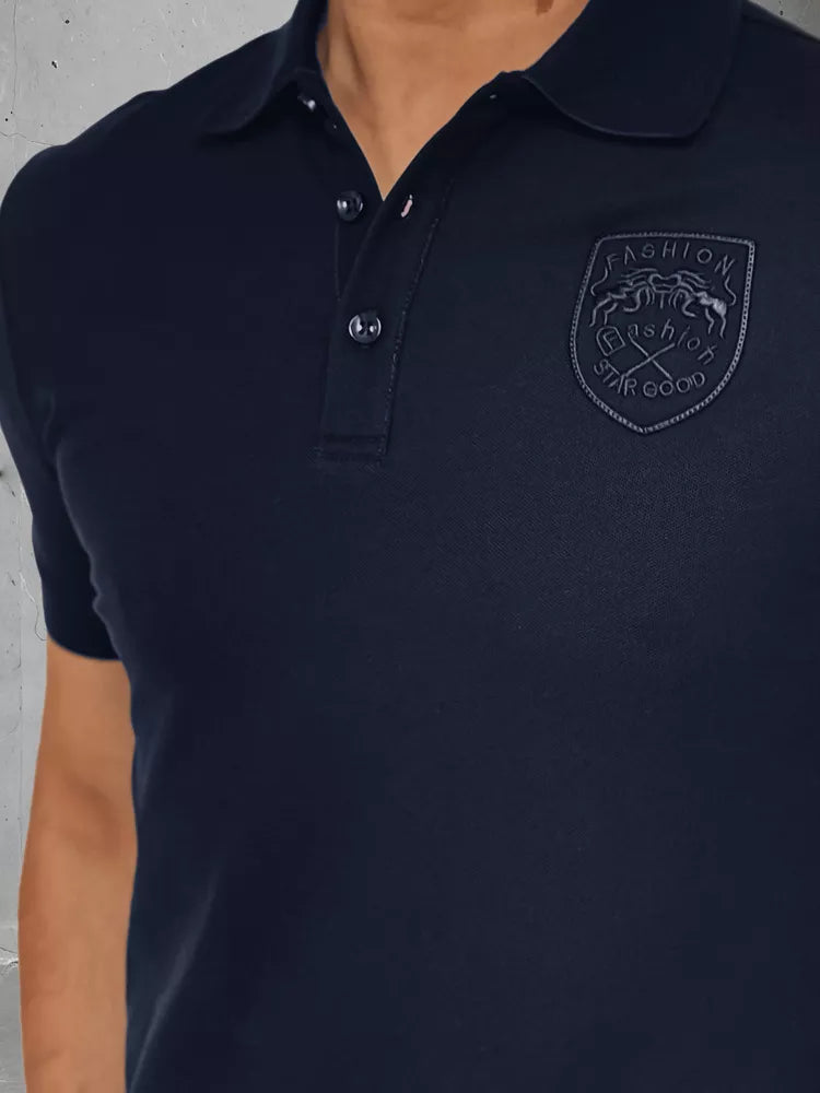 Men's navy blue polo shirt with Emb logo